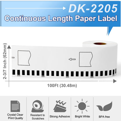 12 Rolls Compatible Brother DK-2205 Continuous Paper Labels 2-3/7'' x 100'(62mm x 30.48m), for Brother QL Label Printers QL-800 810W 820 820NWB 700 710W 500 570 600 1100nwb (12 Rolls + 1 Fram)