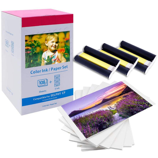 Compatible Canon Selphy CP1500 CP1300 Ink and Paper, KP-108IN 3 Color Ink Cartridges and 108 Sheets 4 x 6 Paper Glossy, for Selphy CP1500 CP1300 CP1200 CP1000 CP910 CP900 CP810 CP800