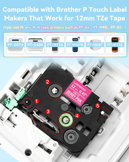 Replacement for Brother P-Touch Label Maker Tape TZe 12mm 0.47 Ribbon Laminated TZ Colored Refills Compatible with Brother P Touch PT-D210 D220 H110 1000 1280 D400 Cube, 1/2'' x 26.2', 6 Pack