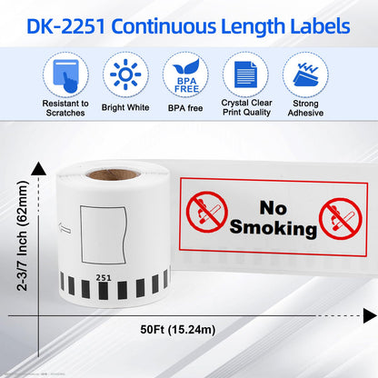 Compatible Brother DK-2251 Continuous Length Label Black/Red on White Paper Tape DK-22251 Replacement for Brother QL-820NWB QL 810W QL800, 2.4''x 50ft, 6 Rolls + 1 Refillable Cartridges